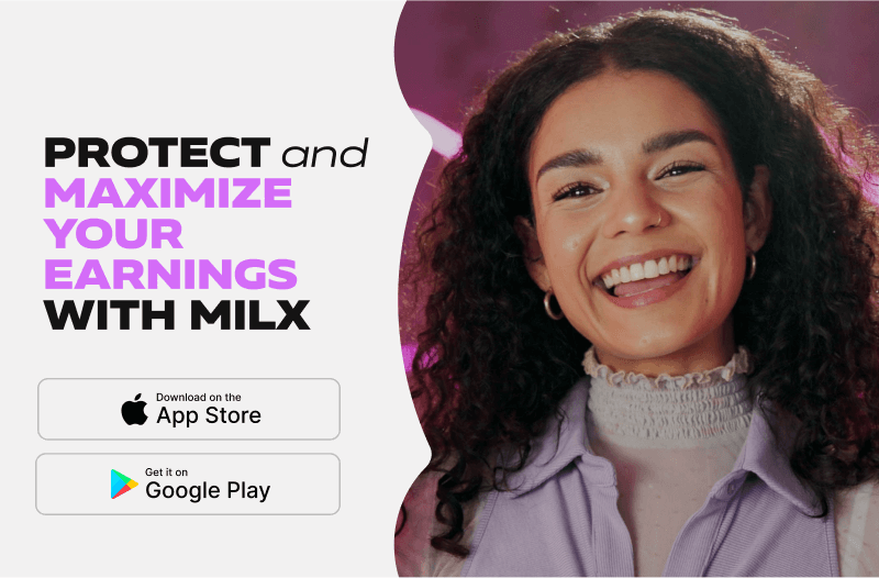 A creator smiling while reviewing their earnings on the MilX app interface, with charts showing consistent growth.