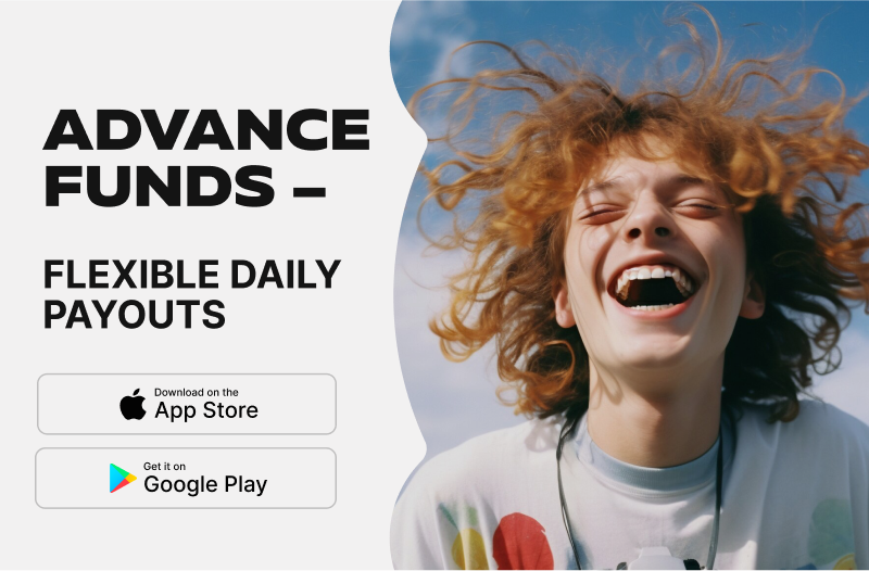 MilX app showing Advance Funds options with daily, weekly, and bi-weekly payout schedules.